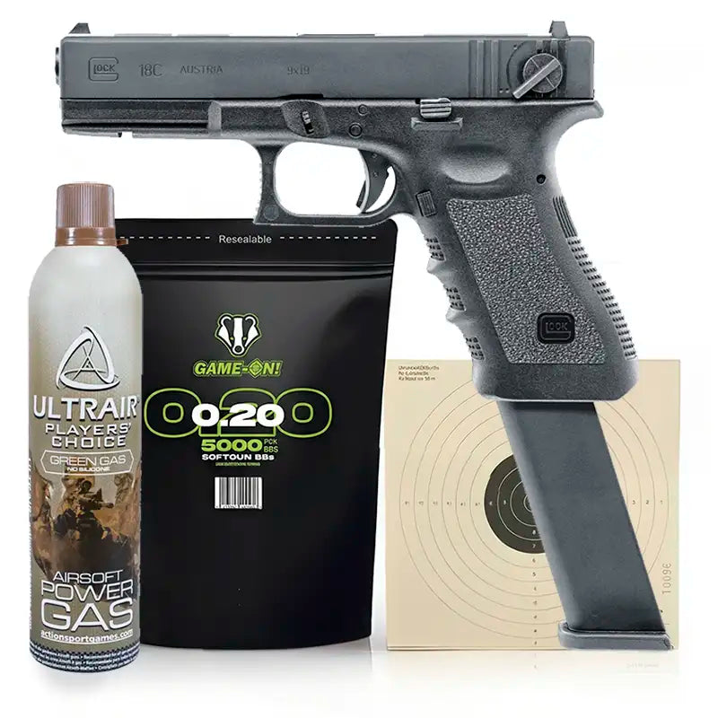 Softgun Glock 18C Semi/Fullauto Gass Softgun med Blowback - Pakkesett – Game-On.no