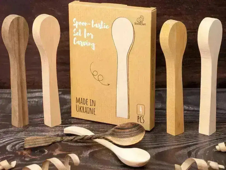 BB2 Emne til Treskjæring Skje - 4stk Pakke - Alm, Lønn, Or, Aprikos - Game-On.no