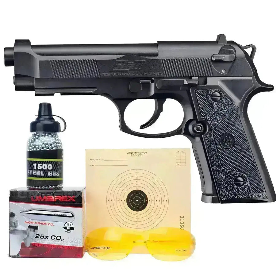 Beretta Elite II Startpakke – luftpistol, 25 CO2-patroner, 1500 BB-kuler og 50 blinker samlet