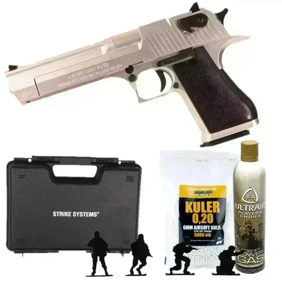 Desert Eagle .50AE Gassdrevet Airsoft pistol - Sølv - PAKKE - Game-On.no