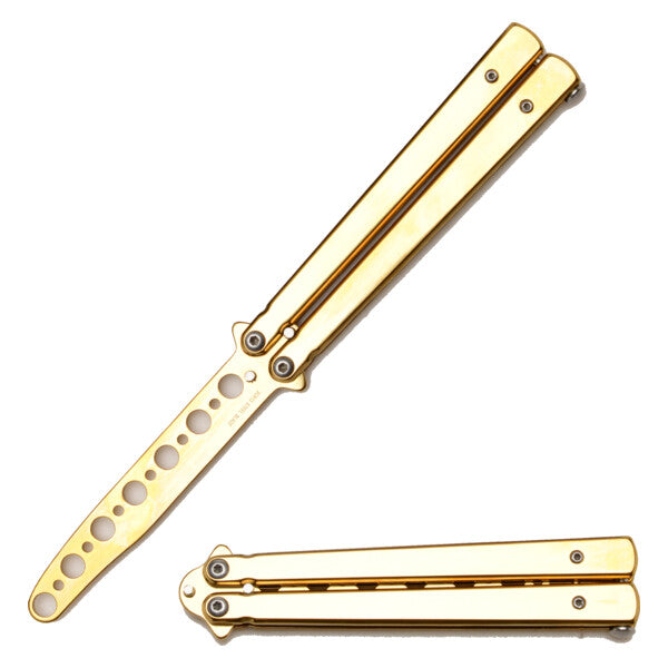 Snake Eye Tactical balisong treningskniv gull, hvit bakgrunn