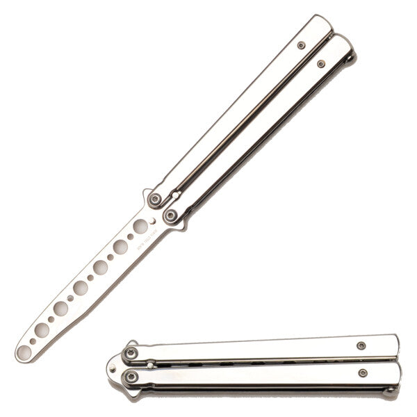 Snake Eye Tactical balisong treningskniv sølv, hvit bakgrunn