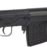 Specna Arms Retro Dragunov SVD, nærbilde av låskasse, avtrekker og magasin