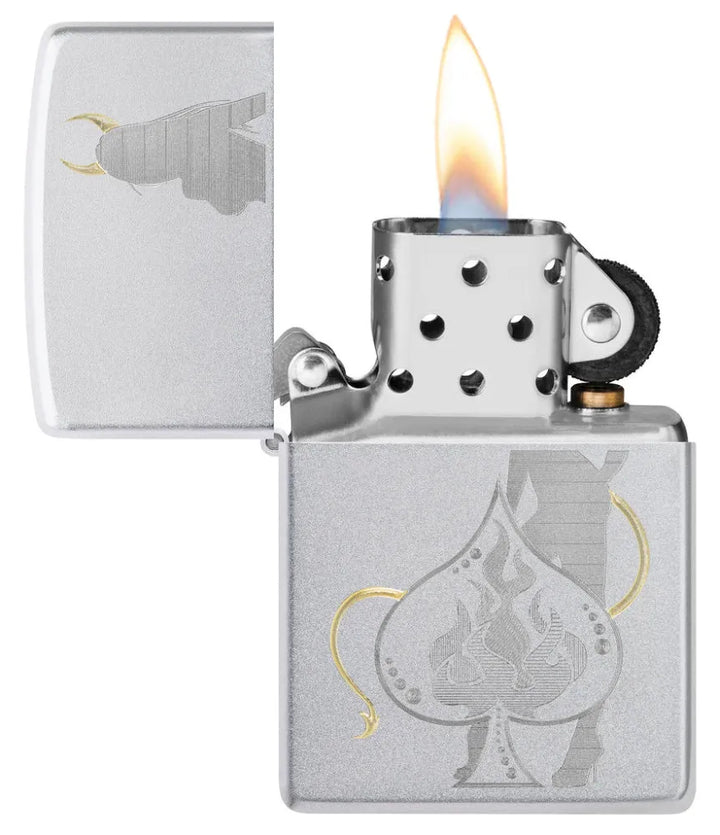 Zippo - Devilish Ace Design - Satin Chrome - Game-On.no