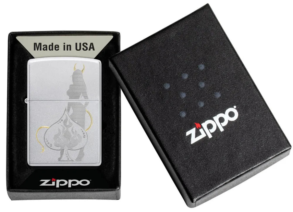 Zippo - Devilish Ace Design - Satin Chrome - Game-On.no