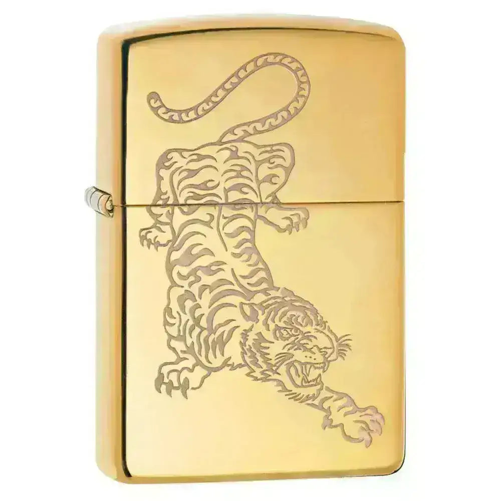 Zippo Lighter - Tiger på High Polish Brass - Game-On.no